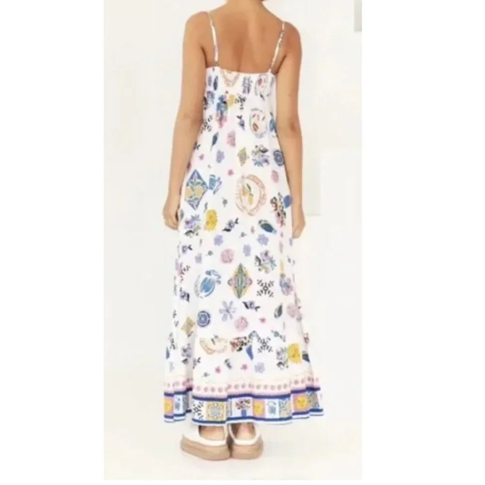 ANTHROPOLOGIE +Label of Love "Portofino" Maxi Sundress Floral White/Blue Women M - Picture 2 of 13